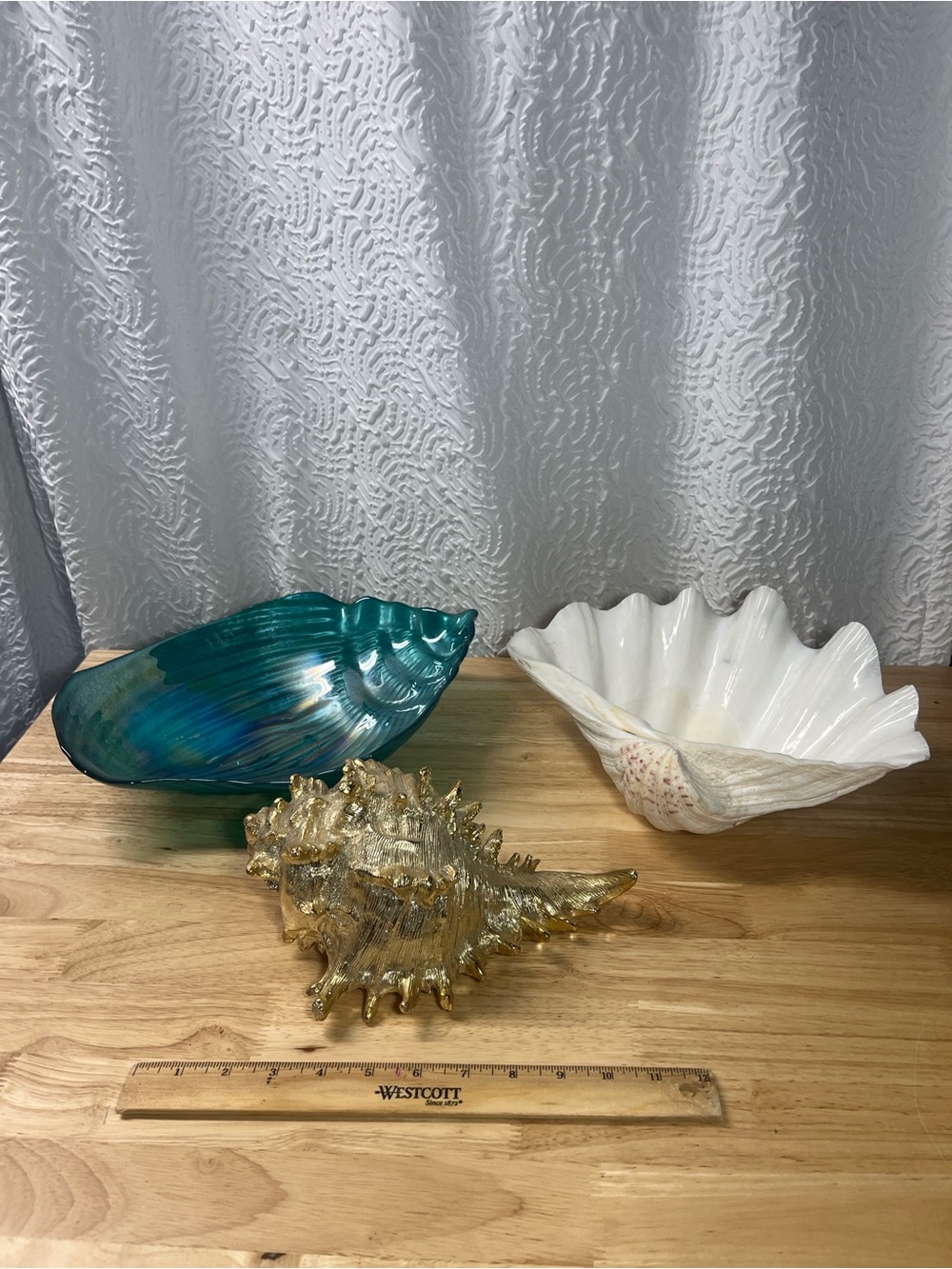Coastal Decor Shell Lot 3pc - Faux Clam Bowl, Iridescent Teal Glass, Gold